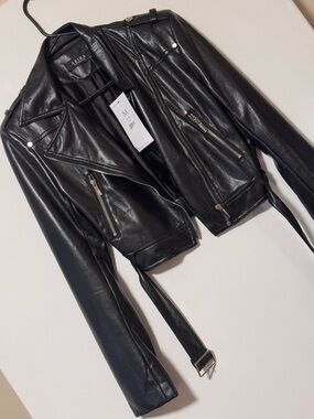 AKIRA Black Cropped Faux Leather Belted Moto Jacket